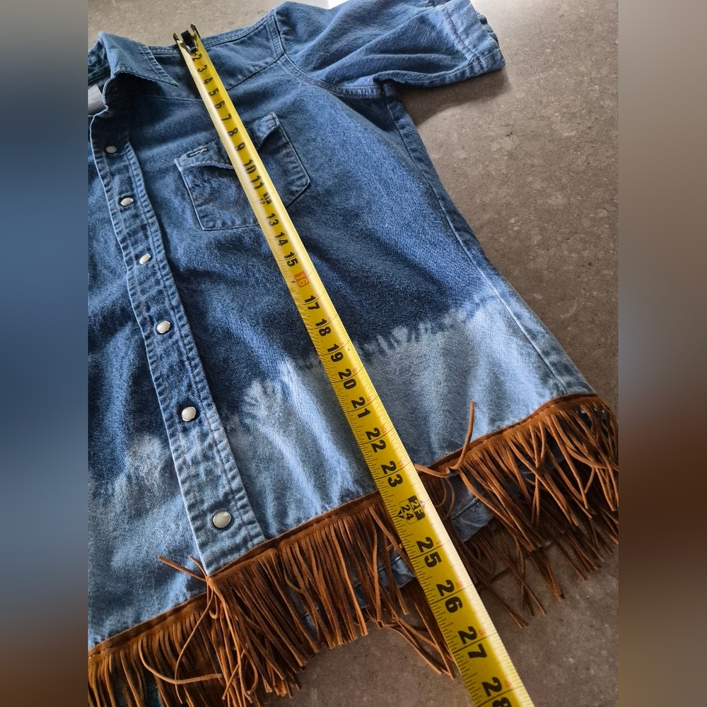 Wrangler Denim Pearl Snap Fringe Shirt Sz 16 Blue Watercolor Tie Dye Cowgirl - Picture 12 of 13